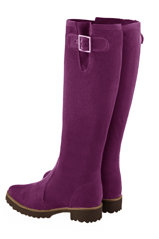 Mulberry purple women's knee-high boots with buckles. Round toe. Flat rubber soles. Made to measure. Rear view - Florence KOOIJMAN